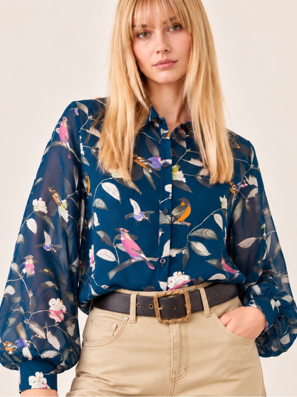 Love Audrey Bird Print Sheer Blouse Navy Blue High Low Boho Size M